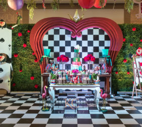 alice in wonderland birthday party decor dessert table setup by Khim Cruz