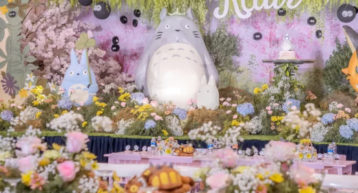 Totoro and friends stage diorama set on a forest kid's birthday party