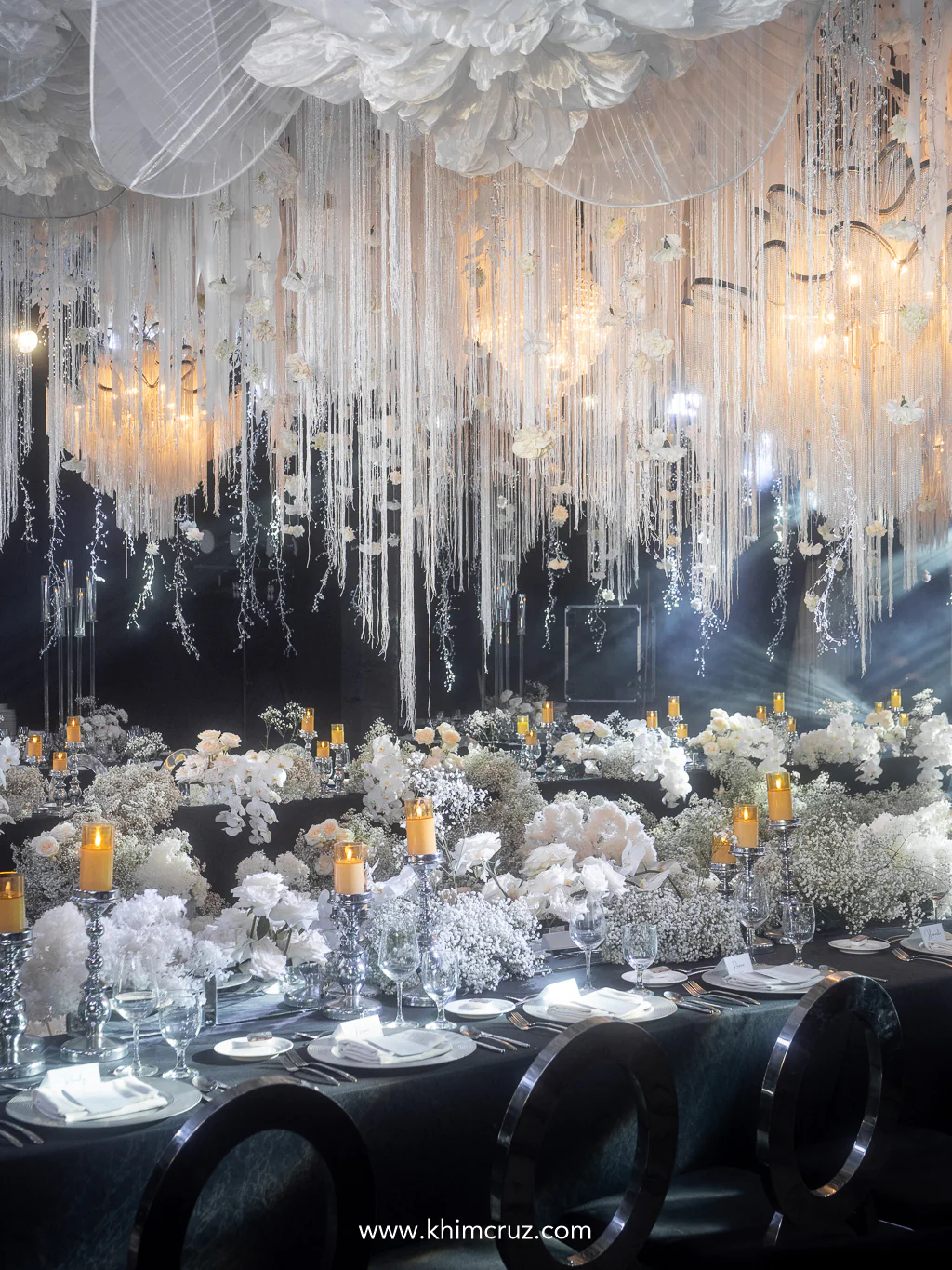 winter-themed wedding ceiling installation inspired by icicles and ice crystals