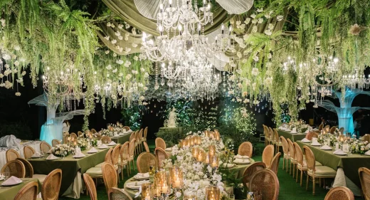 a harmony of lush greens and soft whites sets the tone complemented by elegant floral chandeliers and glowing candles at the wedding reception