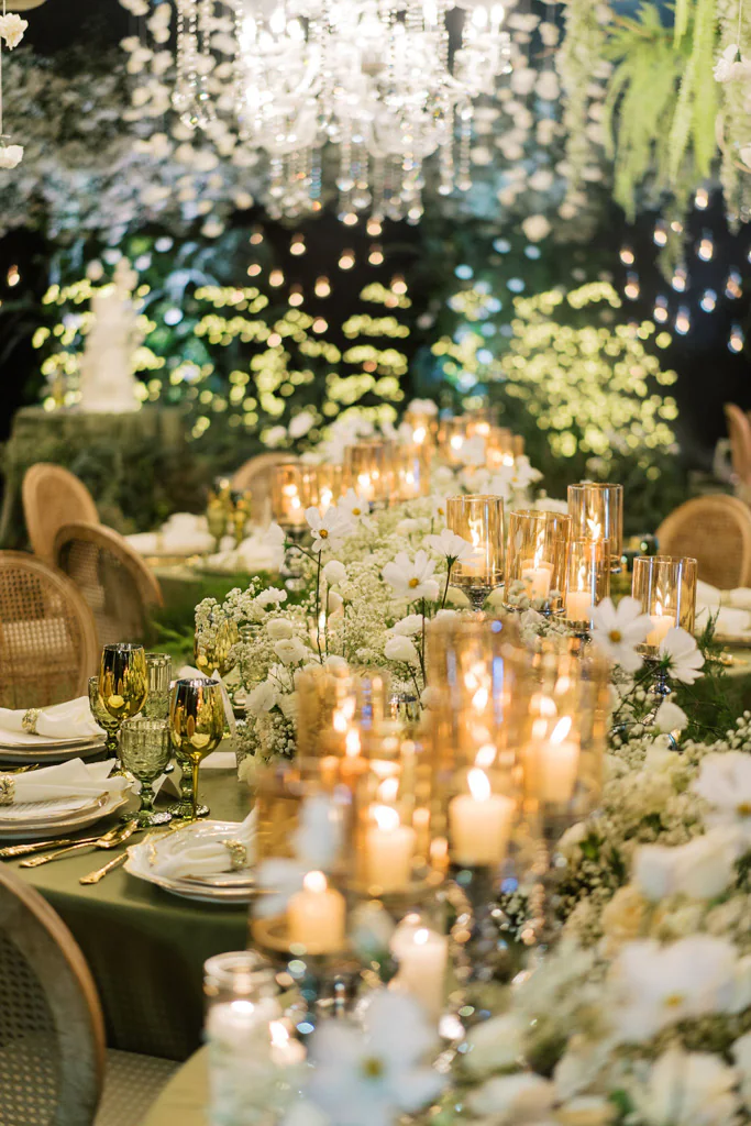 candlelit tables create a warm and intimate glow setting the scene for a breathtaking wedding reception